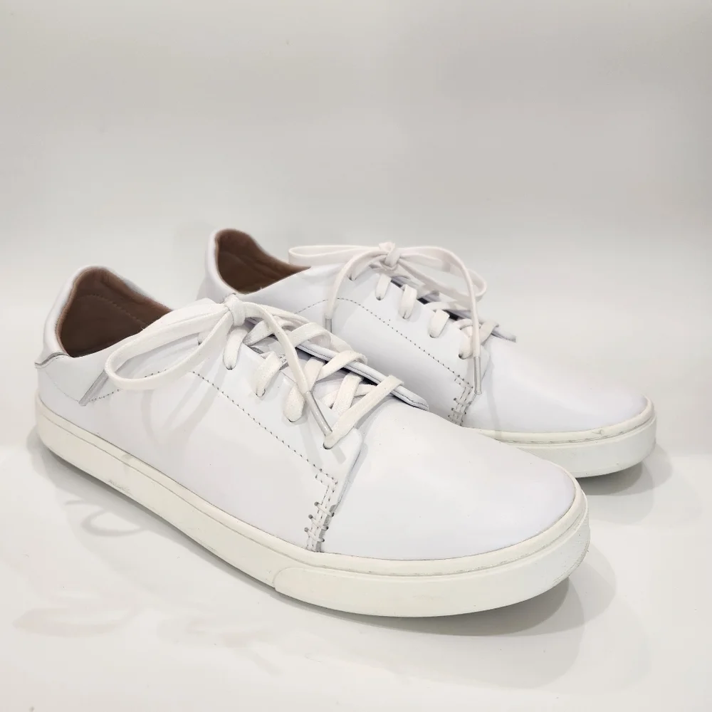 OluKai Pehuea Li 'Ili White Leather Sneakers Drop-In Heel Womens Size 10